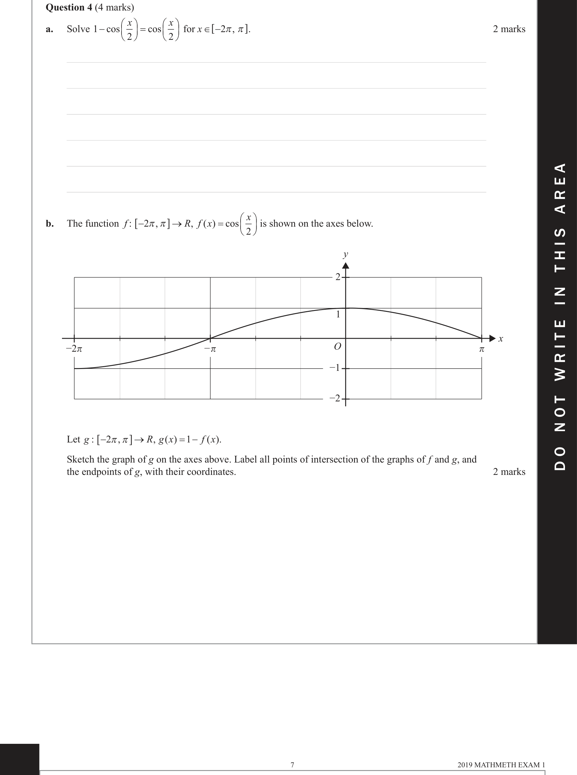 Mathematical Methods 2019 Exam 1 Question 4(b) — Functions, Relations and Graphs, Trigonometry, Transformations, Graphing