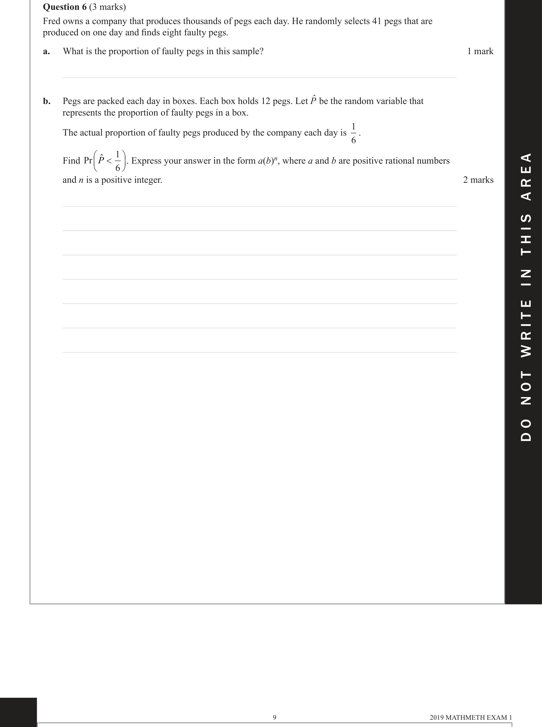 Mathematical Methods 2019 Exam 1 Question 6(a) — Probability, Sample proportions