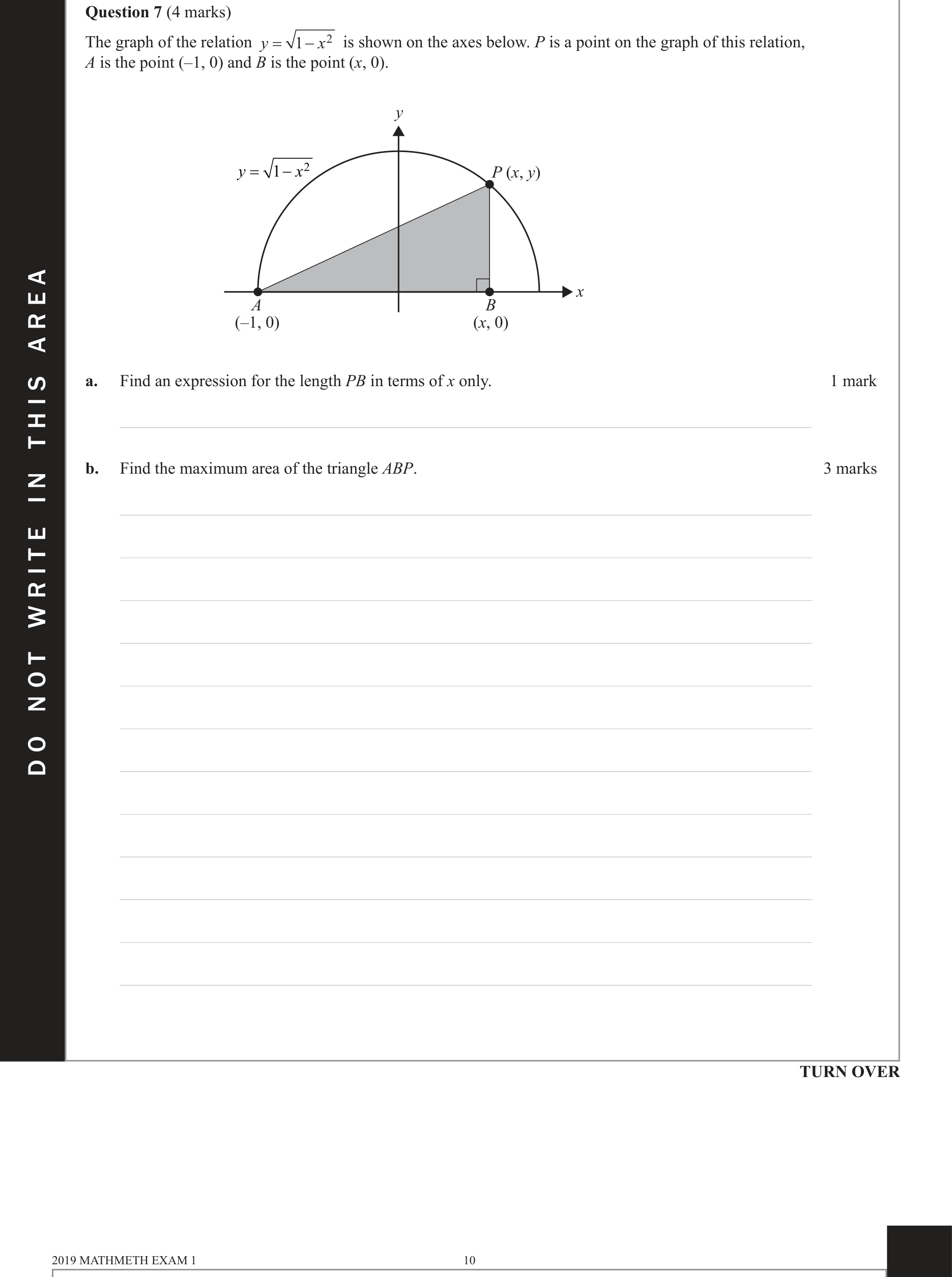 Mathematical Methods 2019 Exam 1 Question 7(b) — Calculus, Applications of differentiation