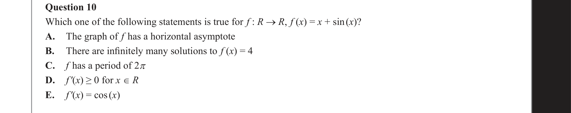 Mathematical Methods 2019 Exam 2 Question 10 — Functions, Relations and Graphs, Trigonometry