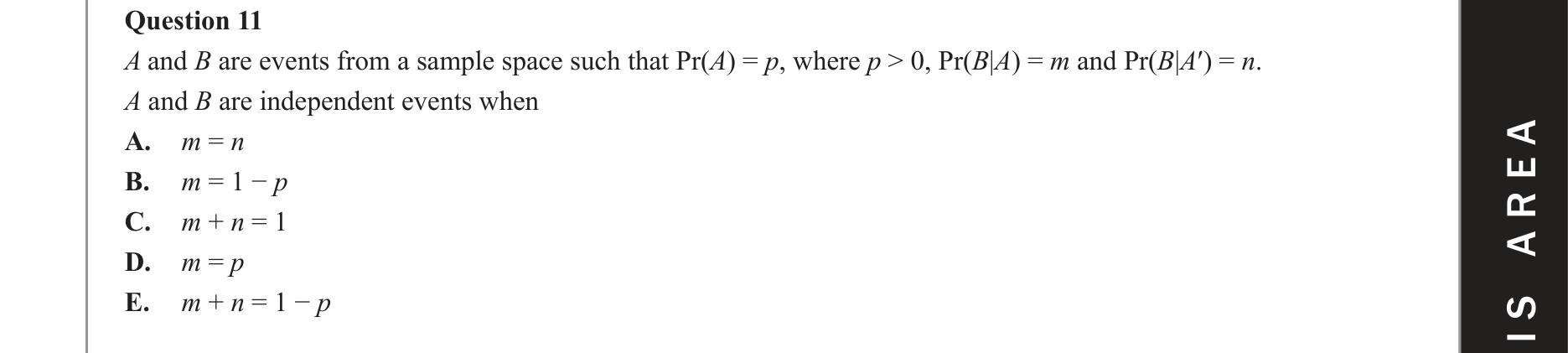 Mathematical Methods 2019 Exam 2 Question 11 — Probability, Discrete probability