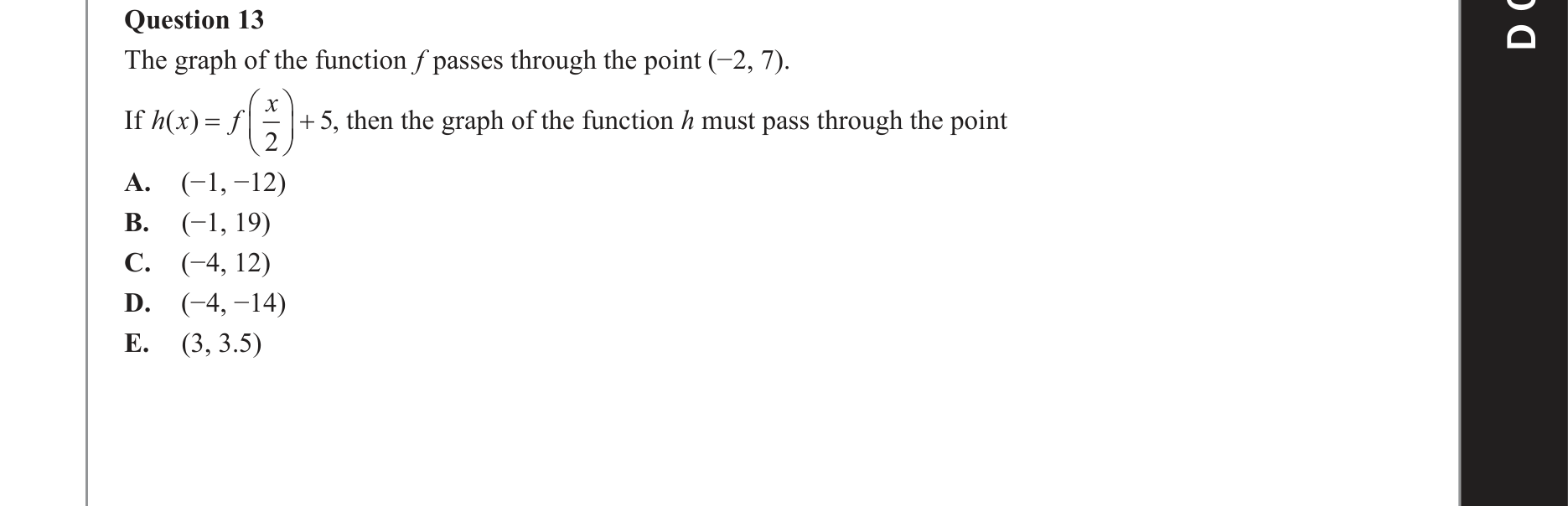 Mathematical Methods 2019 Exam 2 Question 13 — Functions, Relations and Graphs, Transformations