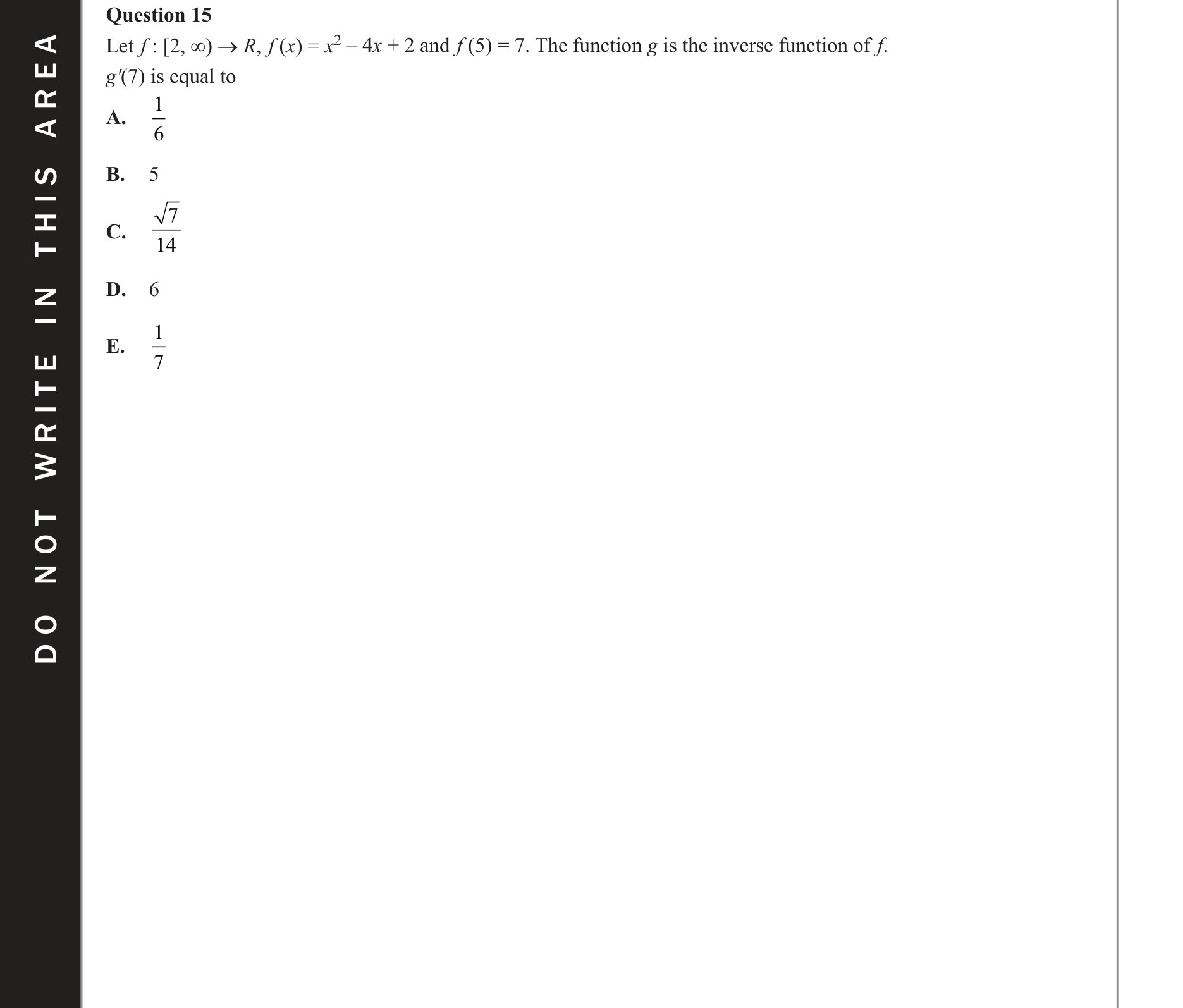 Mathematical Methods 2019 Exam 2 Question 15 — Functions, Relations and Graphs, Inverse functions, Calculus, Differentiation formulae