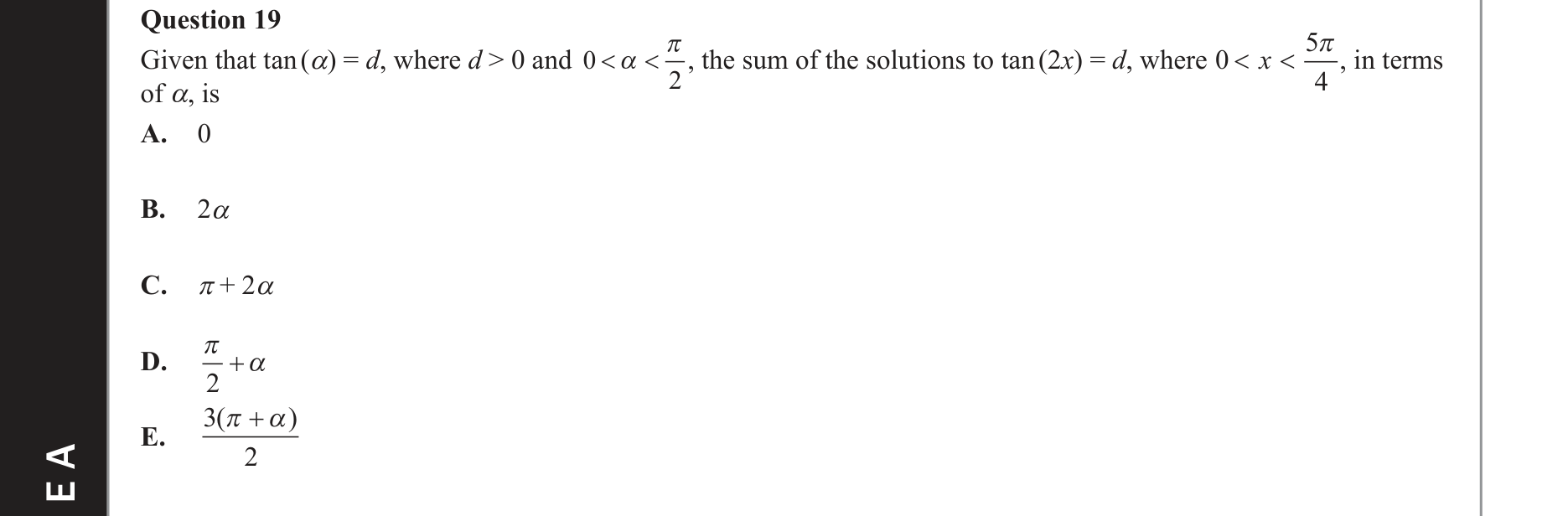 Mathematical Methods 2019 Exam 2 Question 19 — Functions, Relations and Graphs, Trigonometry
