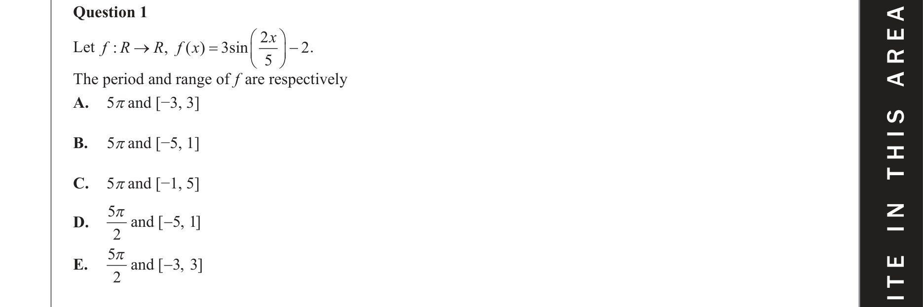 Mathematical Methods 2019 Exam 2 Question 1 — Functions, Relations and Graphs, Trigonometry, Transformations, Domain and range