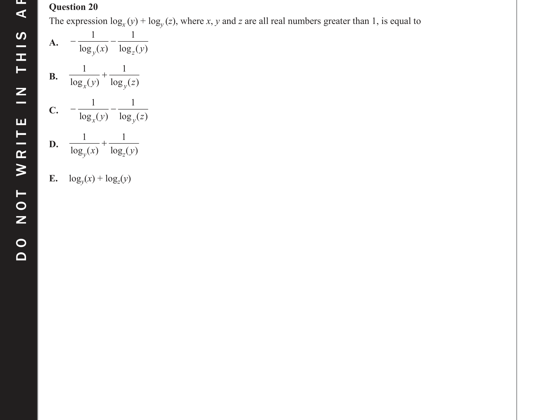 Mathematical Methods 2019 Exam 2 Question 20 — Functions, Relations and Graphs, Logarithms