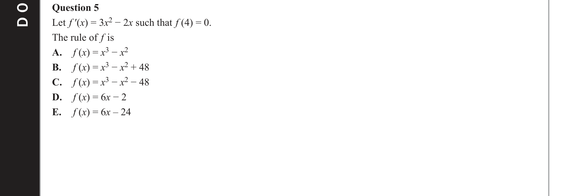 Mathematical Methods 2019 Exam 2 Question 5 — Calculus, Antidifferentiation formulae