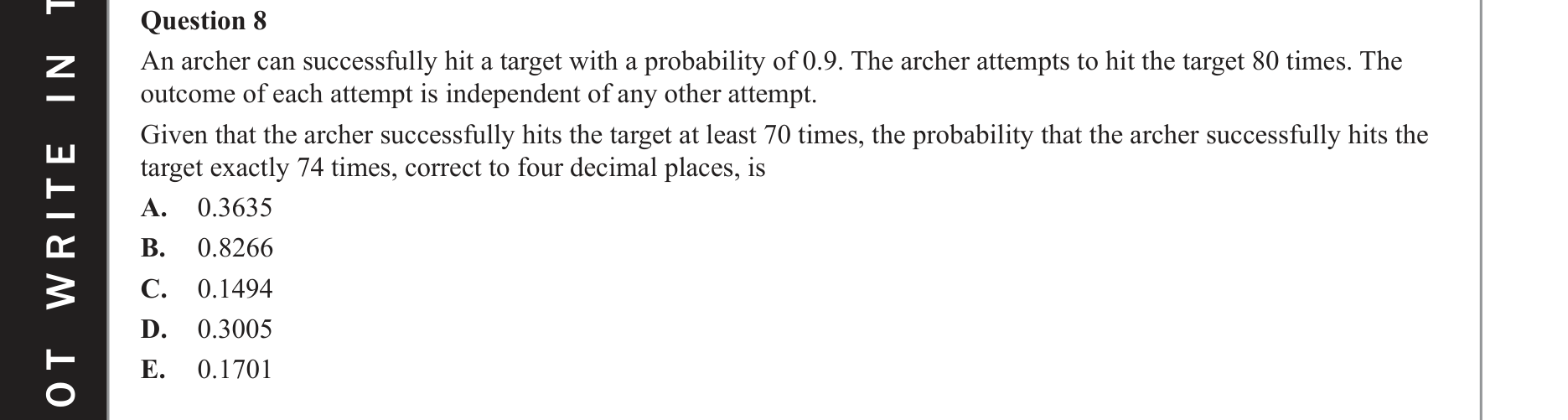 Mathematical Methods 2019 Exam 2 Question 8 — Probability, Binomial distribution