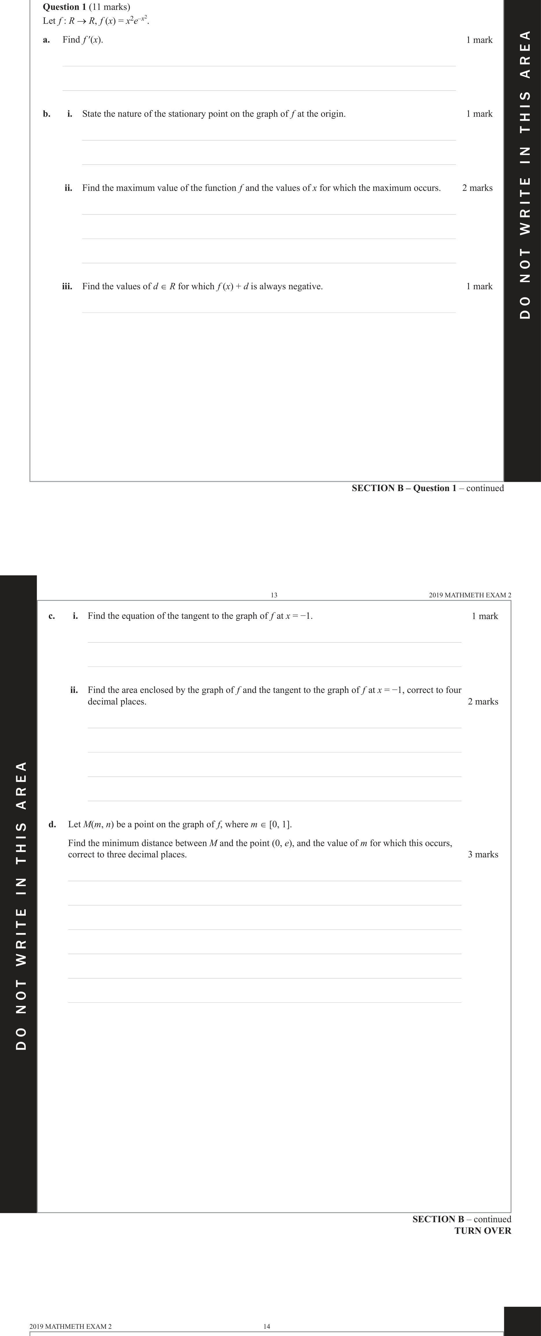 Mathematical Methods 2019 Exam 2 Question 1(c)(ii) — Calculus, Area under curves
