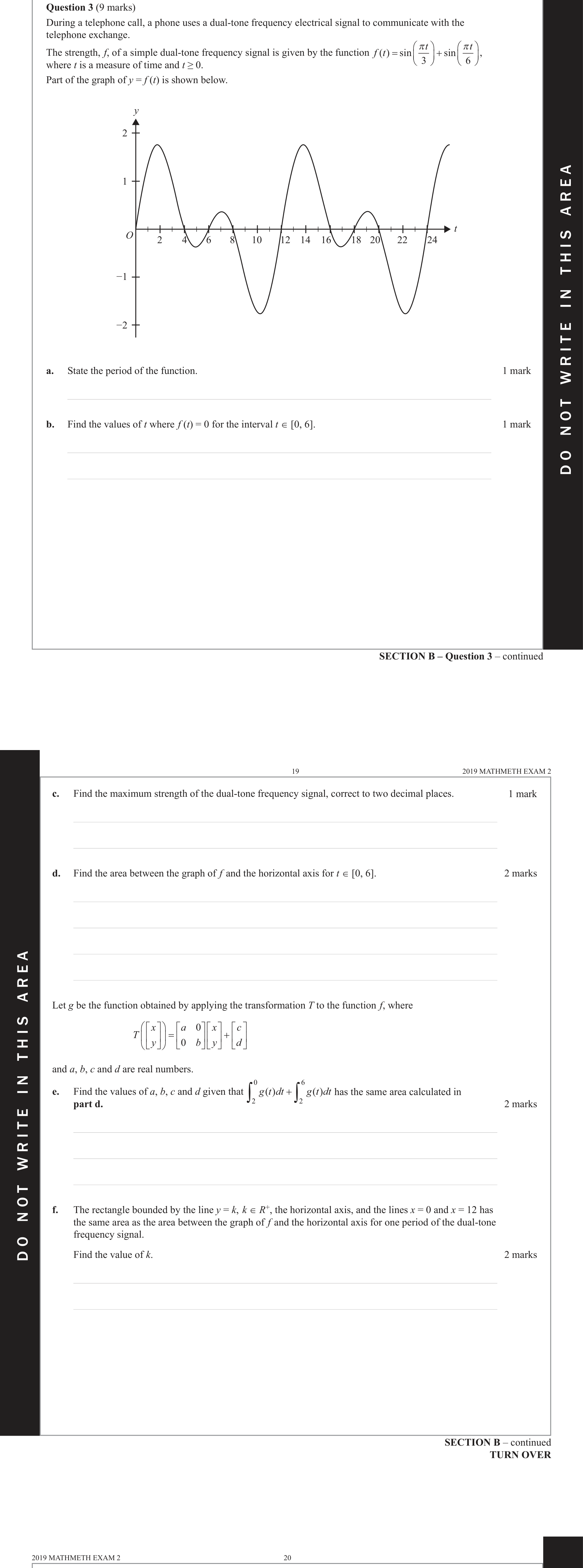 Mathematical Methods 2019 Exam 2 Question 3(d) — Calculus, Area under curves