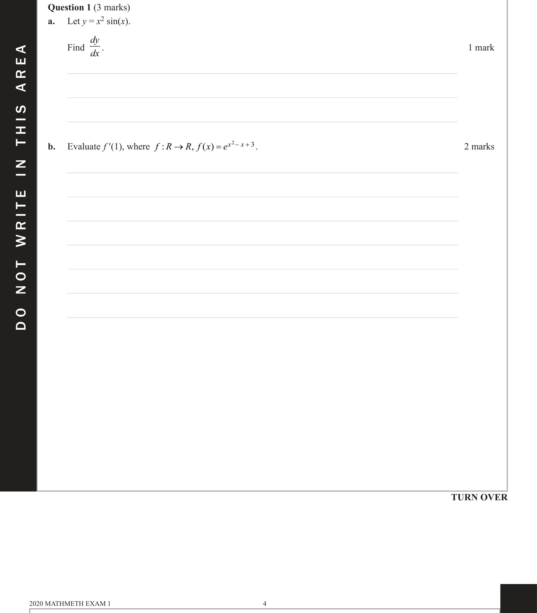 Mathematical Methods 2020 Exam 1 Question 1(b) — Calculus, Differentiation formulae