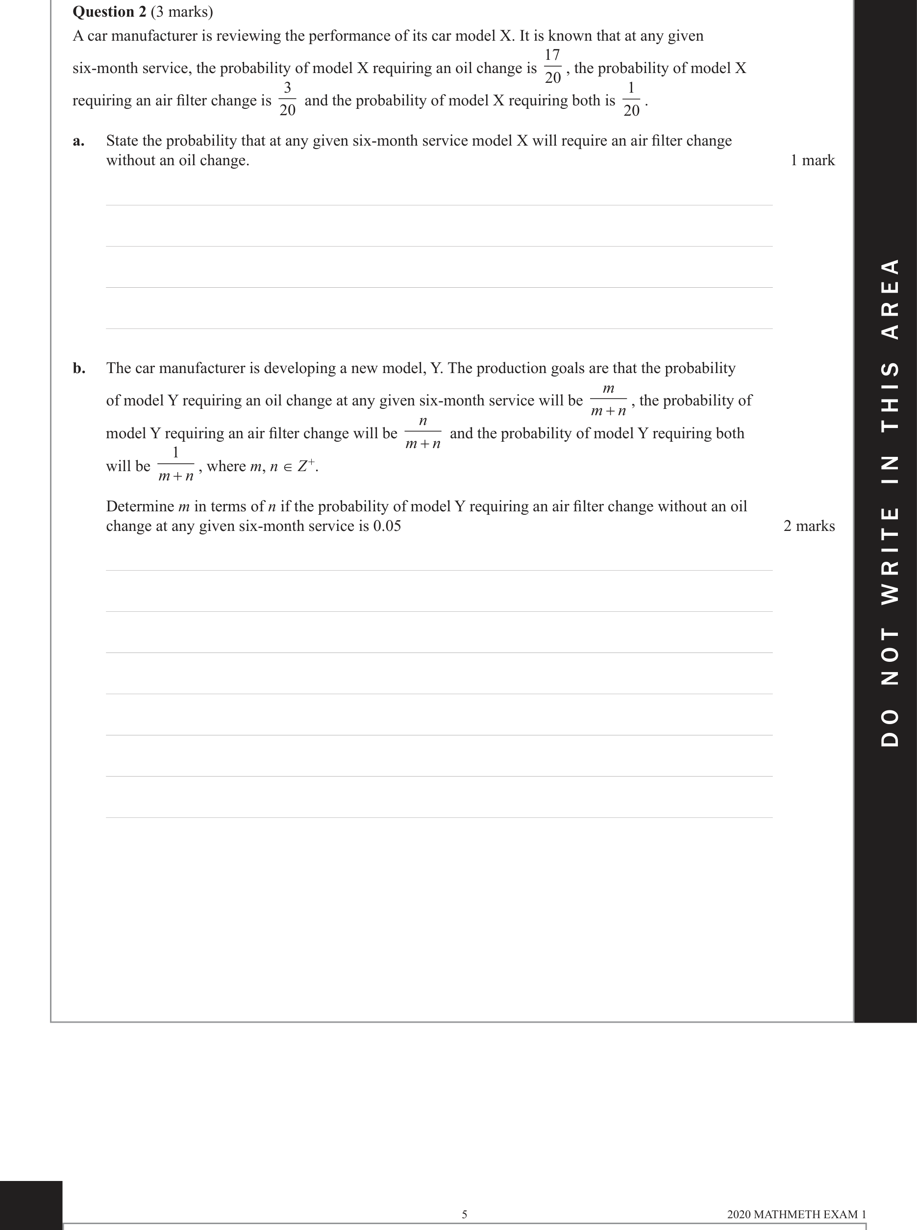 Mathematical Methods 2020 Exam 1 Question 2(b) — Probability, Discrete probability