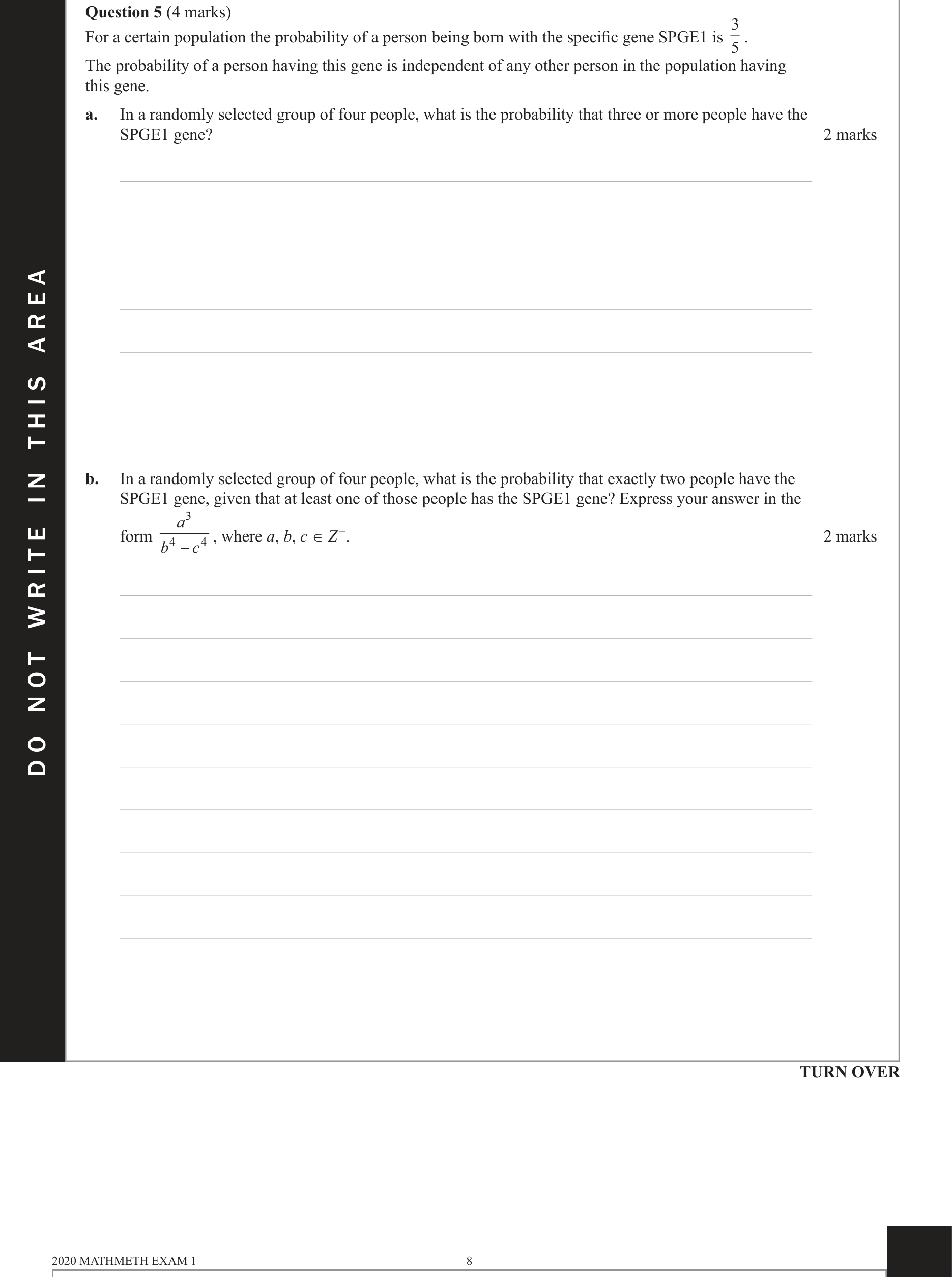 Mathematical Methods 2020 Exam 1 Question 5(a) — Probability, Binomial distribution
