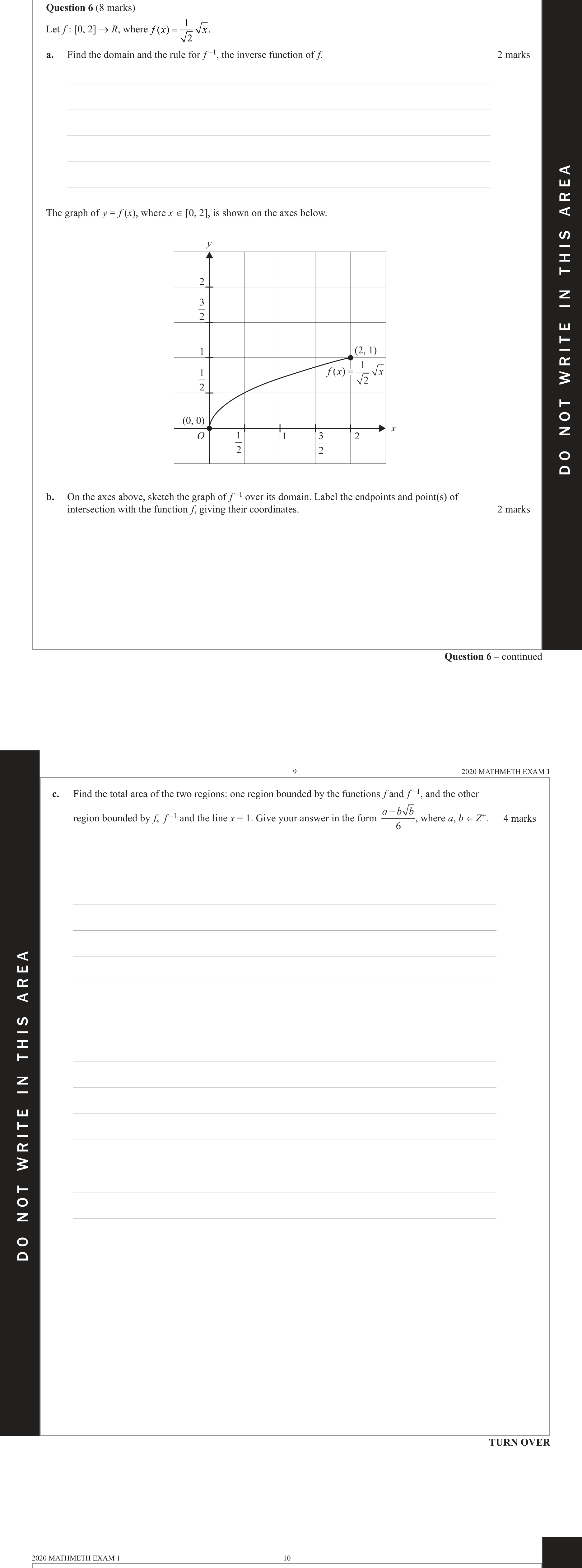 Mathematical Methods 2020 Exam 1 Question 6(a) — Functions, Relations and Graphs, Inverse functions