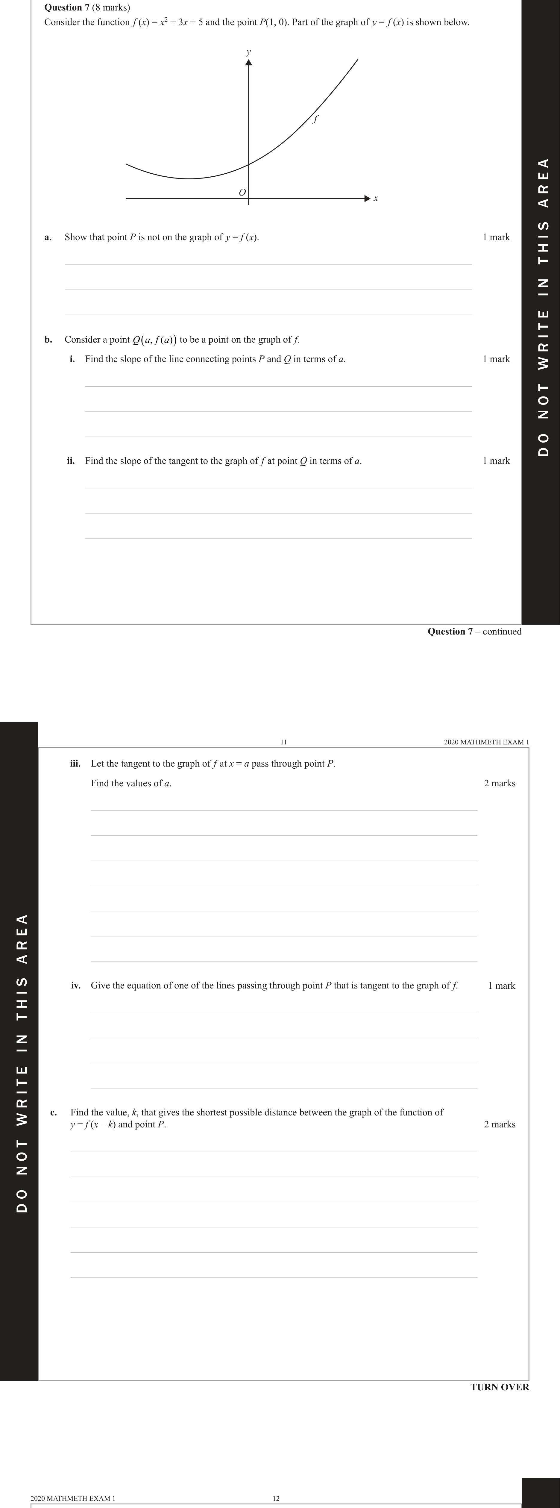 Mathematical Methods 2020 Exam 1 Question 7(b)(iii) — Calculus, Tangents and normals