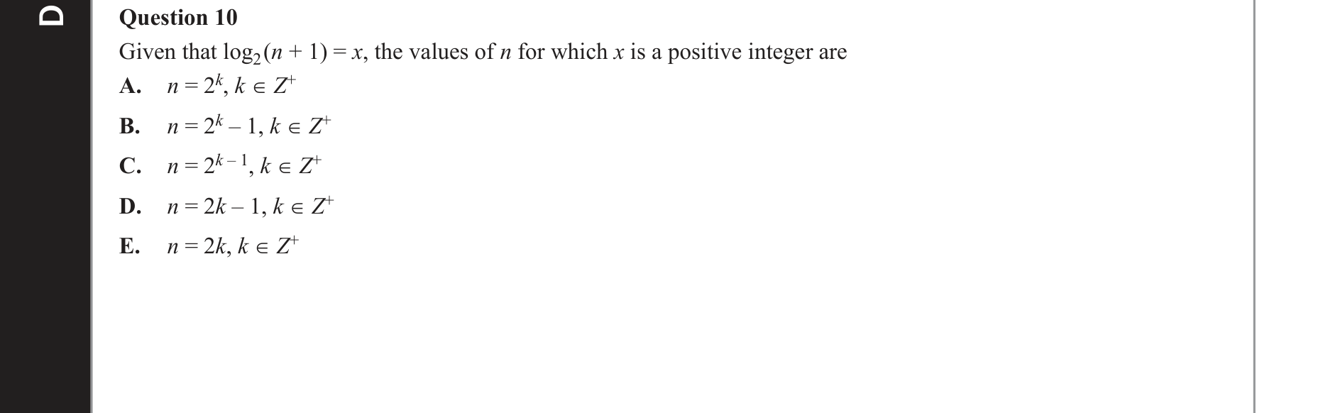 Mathematical Methods 2020 Exam 2 Question 10 — Functions, Relations and Graphs, Logarithms