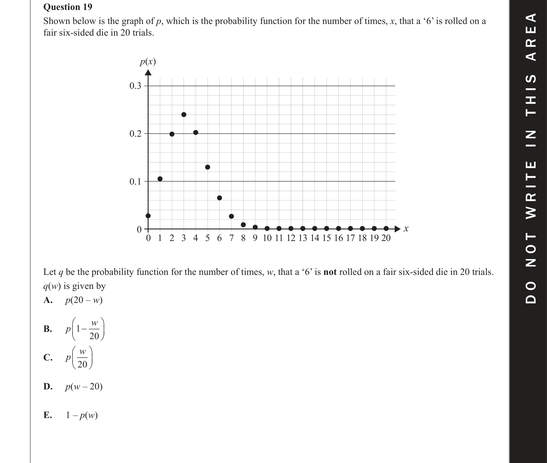 Mathematical Methods 2020 Exam 2 Question 19 — Probability, Binomial distribution