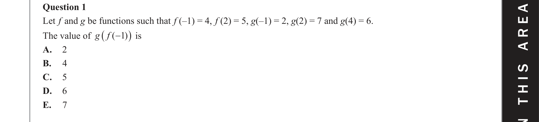 Mathematical Methods 2020 Exam 2 Question 1 — Functions, Relations and Graphs, Composite functions