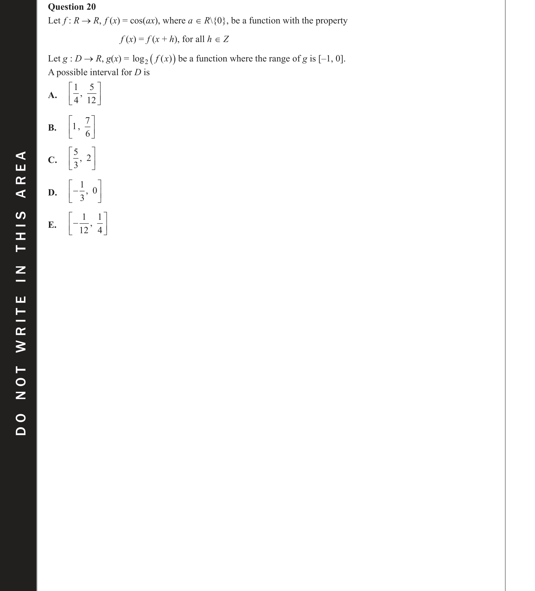 Mathematical Methods 2020 Exam 2 Question 20 — Functions, Relations and Graphs, Trigonometry, Domain and range