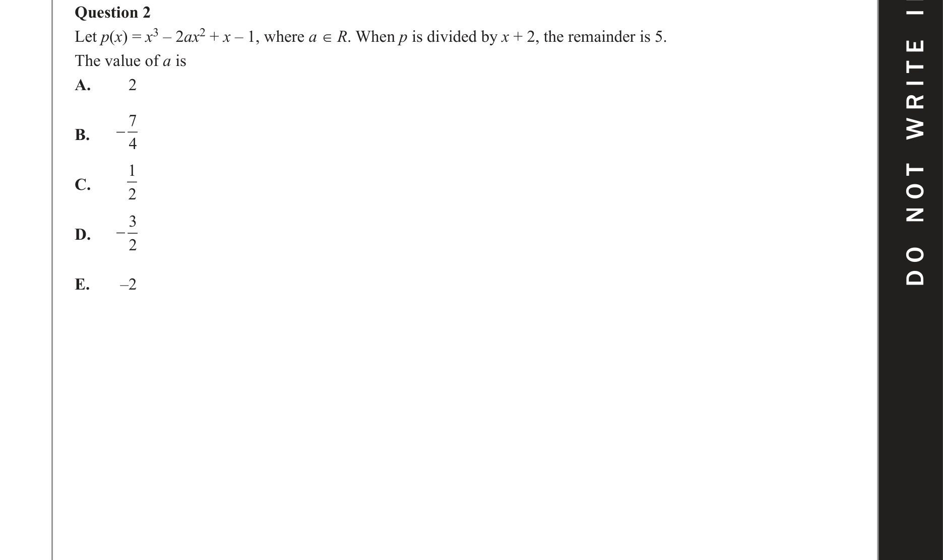 Mathematical Methods 2020 Exam 2 Question 2 — Functions, Relations and Graphs, Algebra, number and structure