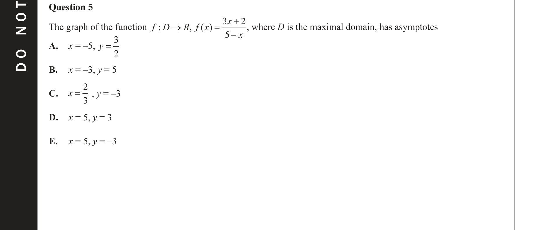 Mathematical Methods 2020 Exam 2 Question 5 — Functions, Relations and Graphs, Rational functions, Domain and range