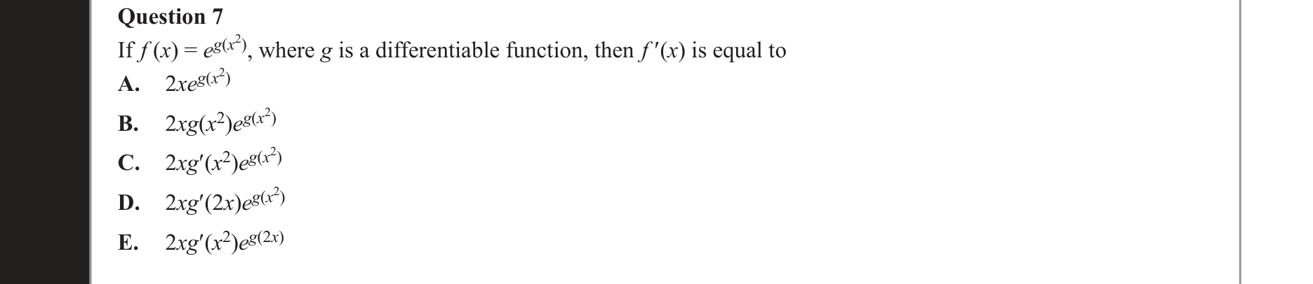 Mathematical Methods 2020 Exam 2 Question 7 — Calculus, Differentiation formulae
