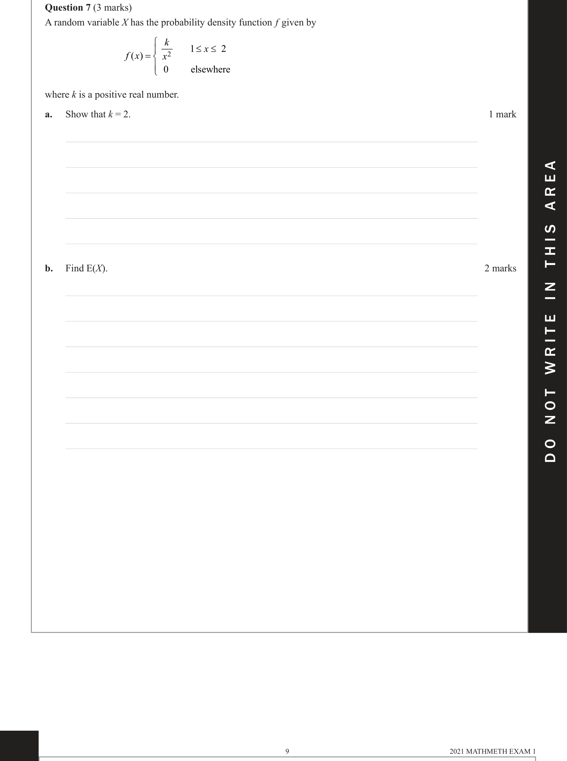 Mathematical Methods 2021 Exam 1 Question 7(a) — Probability, Probability density functions