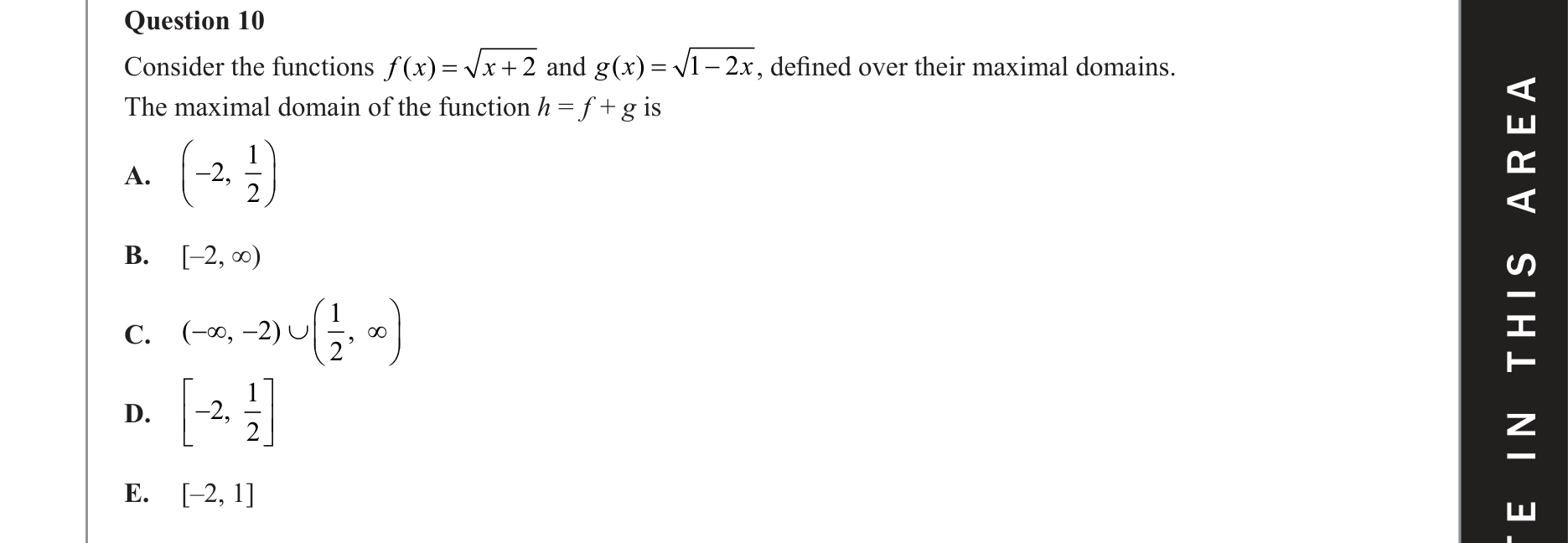 Mathematical Methods 2021 Exam 2 Question 10 — Domain and range