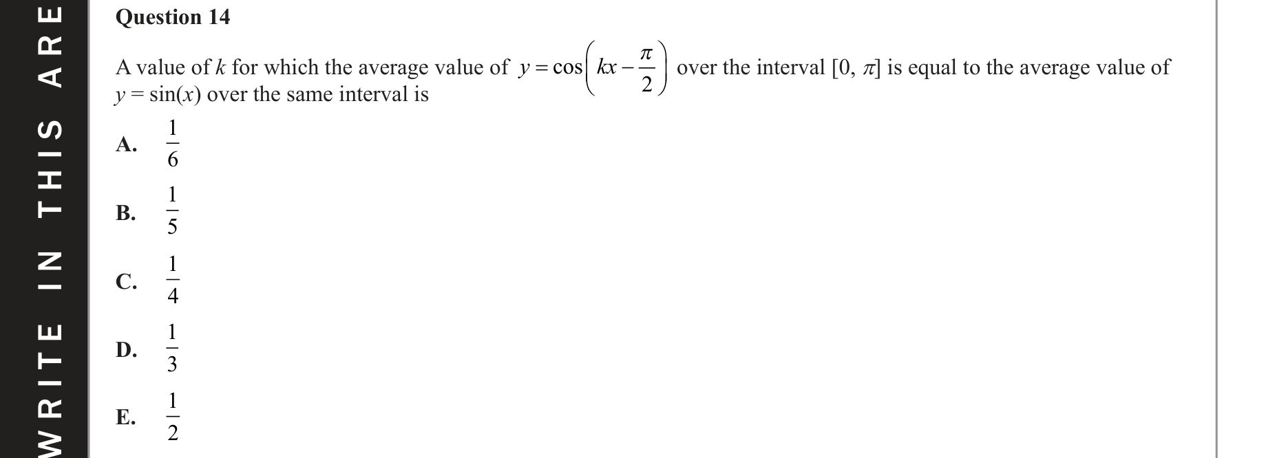 Mathematical Methods 2021 Exam 2 Question 14 — Average value, Trigonometry