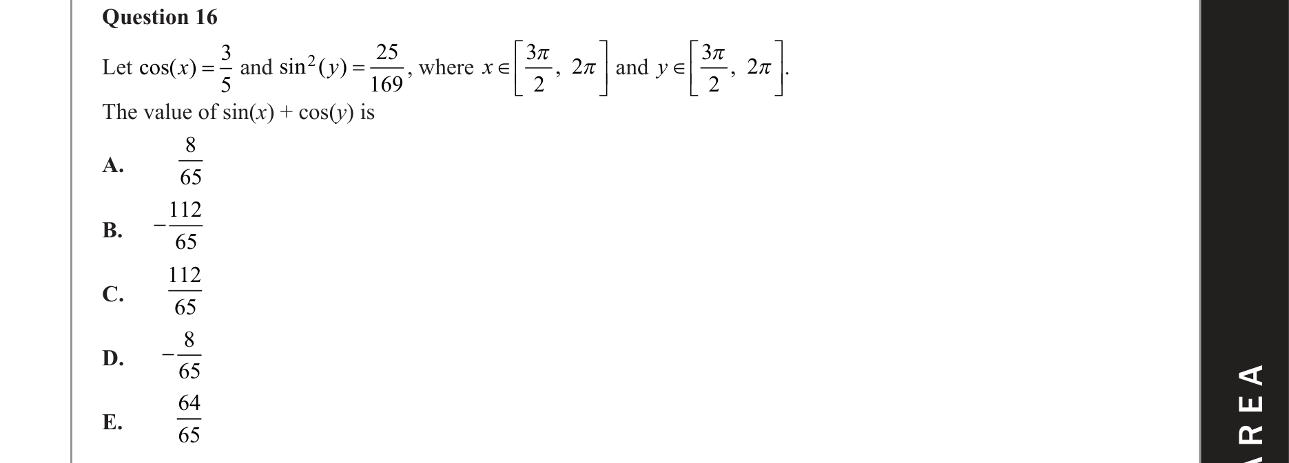 Mathematical Methods 2021 Exam 2 Question 16 — Trigonometry