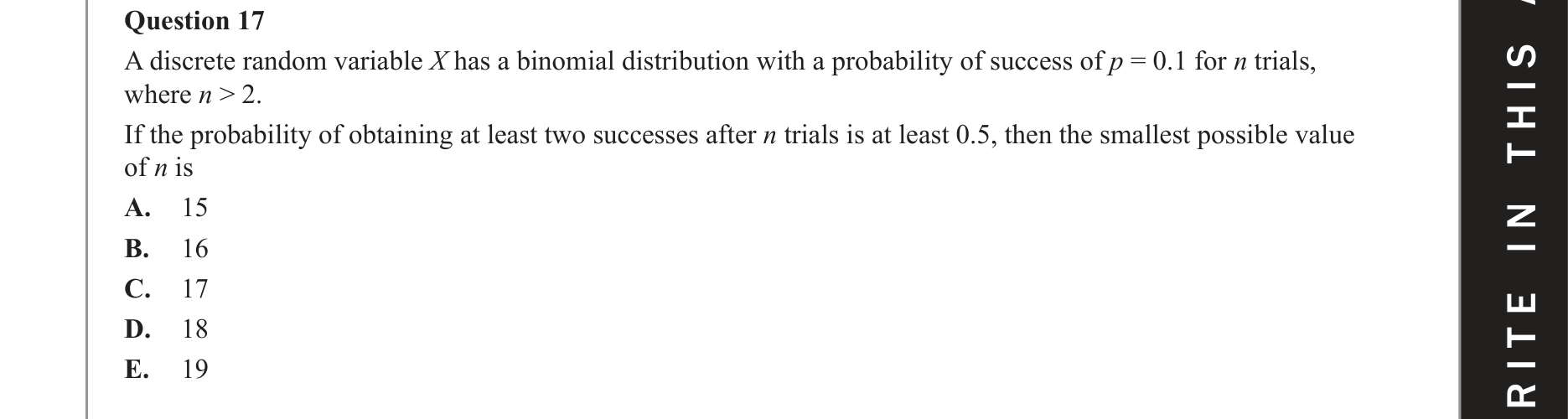 Mathematical Methods 2021 Exam 2 Question 17 — Binomial distribution