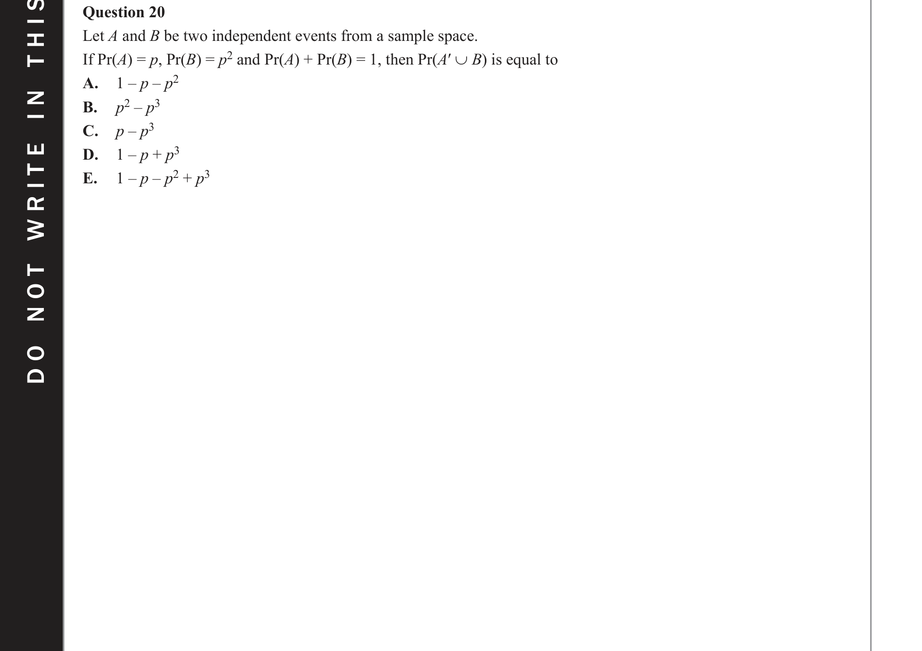 Mathematical Methods 2021 Exam 2 Question 20 — Probability