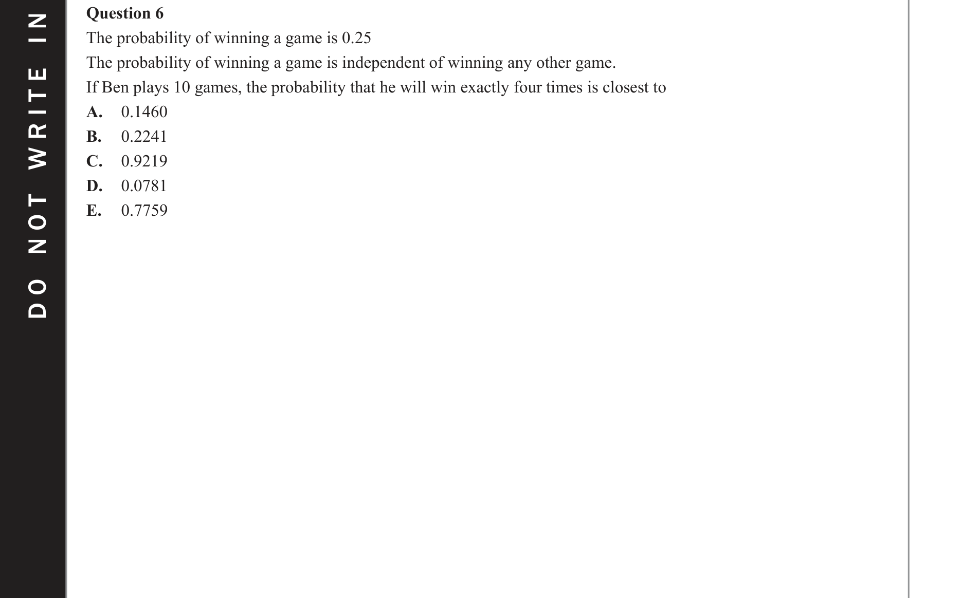 Mathematical Methods 2021 Exam 2 Question 6 — Binomial distribution