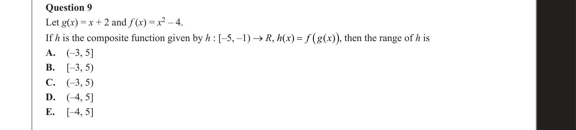 Mathematical Methods 2021 Exam 2 Question 9 — Composite functions, Domain and range