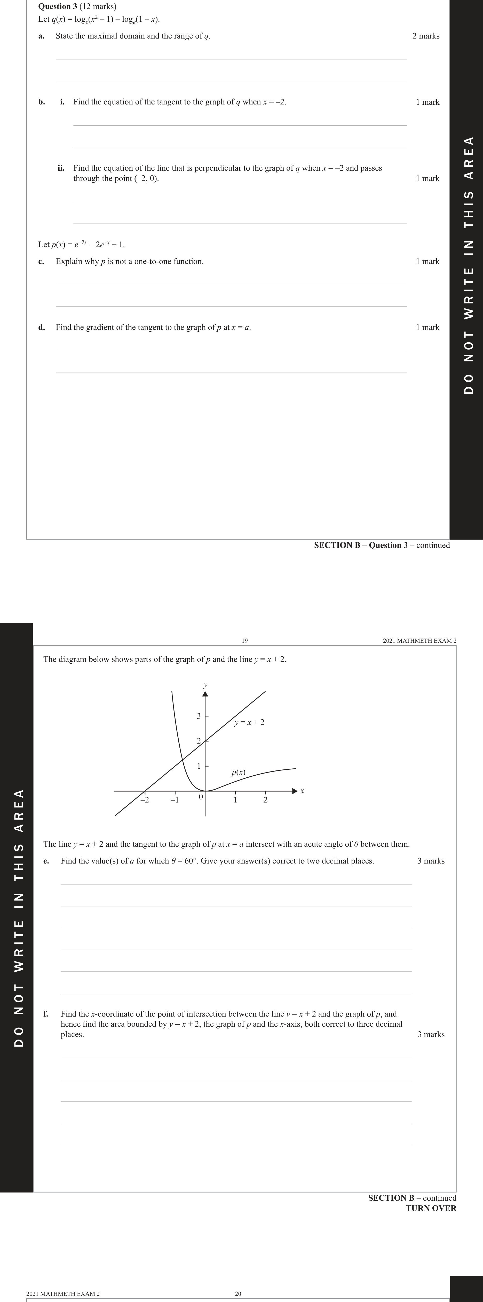 Mathematical Methods 2021 Exam 2 Question 3(e) — Tangents and normals, Applications of differentiation