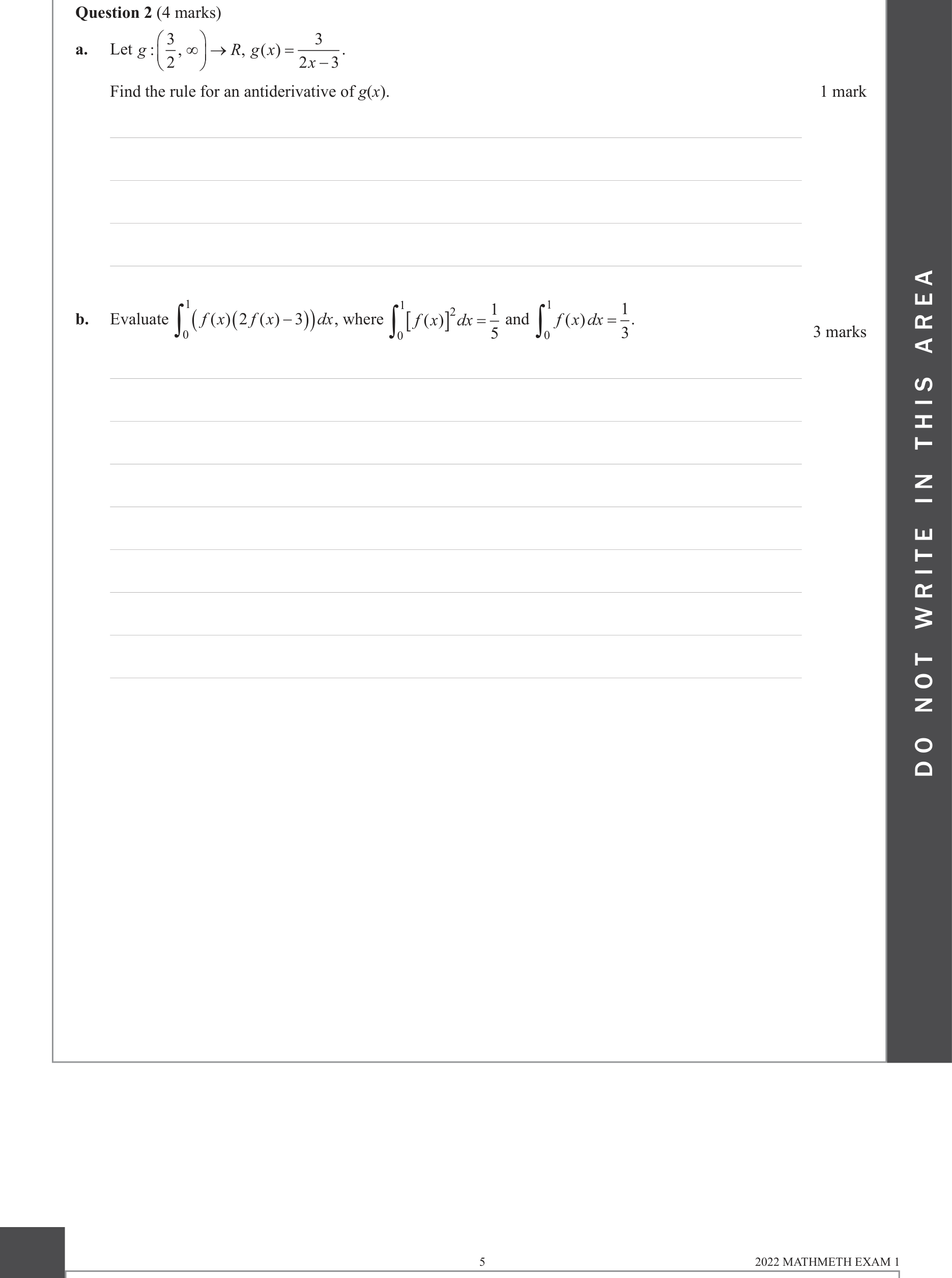 Mathematical Methods 2022 Exam 1 Question 2(a) — Calculus, Antidifferentiation formulae