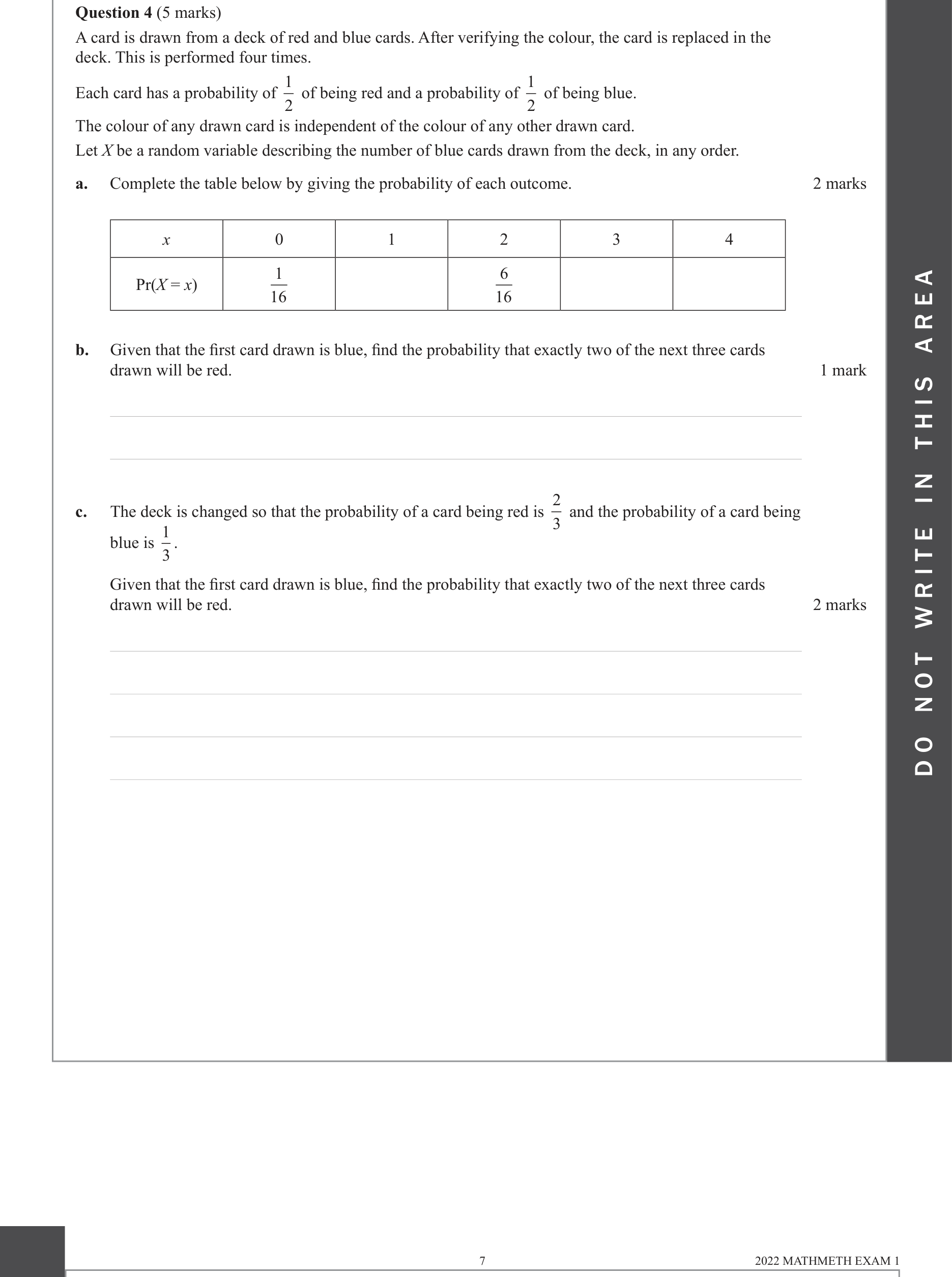 Mathematical Methods 2022 Exam 1 Question 4(b) — Probability, Binomial distribution