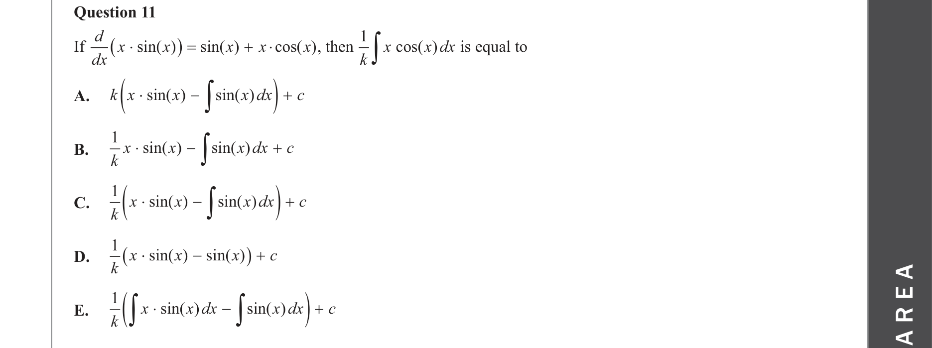 Mathematical Methods 2022 Exam 2 Question 11 — Calculus, Antidifferentiation formulae