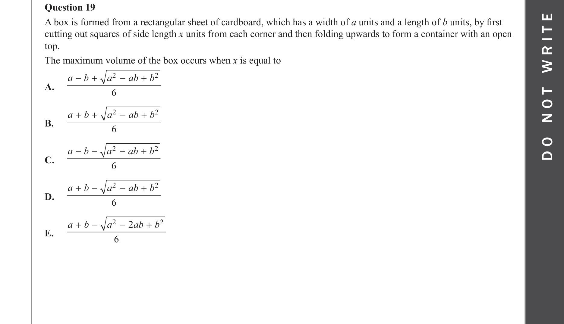 Mathematical Methods 2022 Exam 2 Question 19 — Calculus, Applications of differentiation