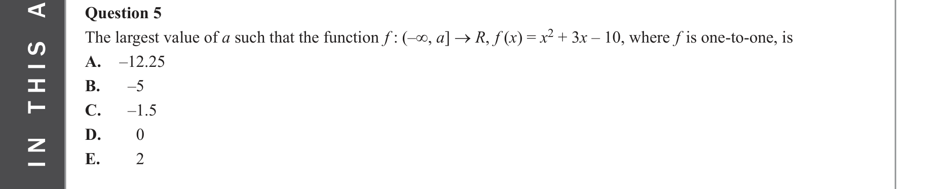 Mathematical Methods 2022 Exam 2 Question 5 — Functions, Relations and Graphs, Domain and range