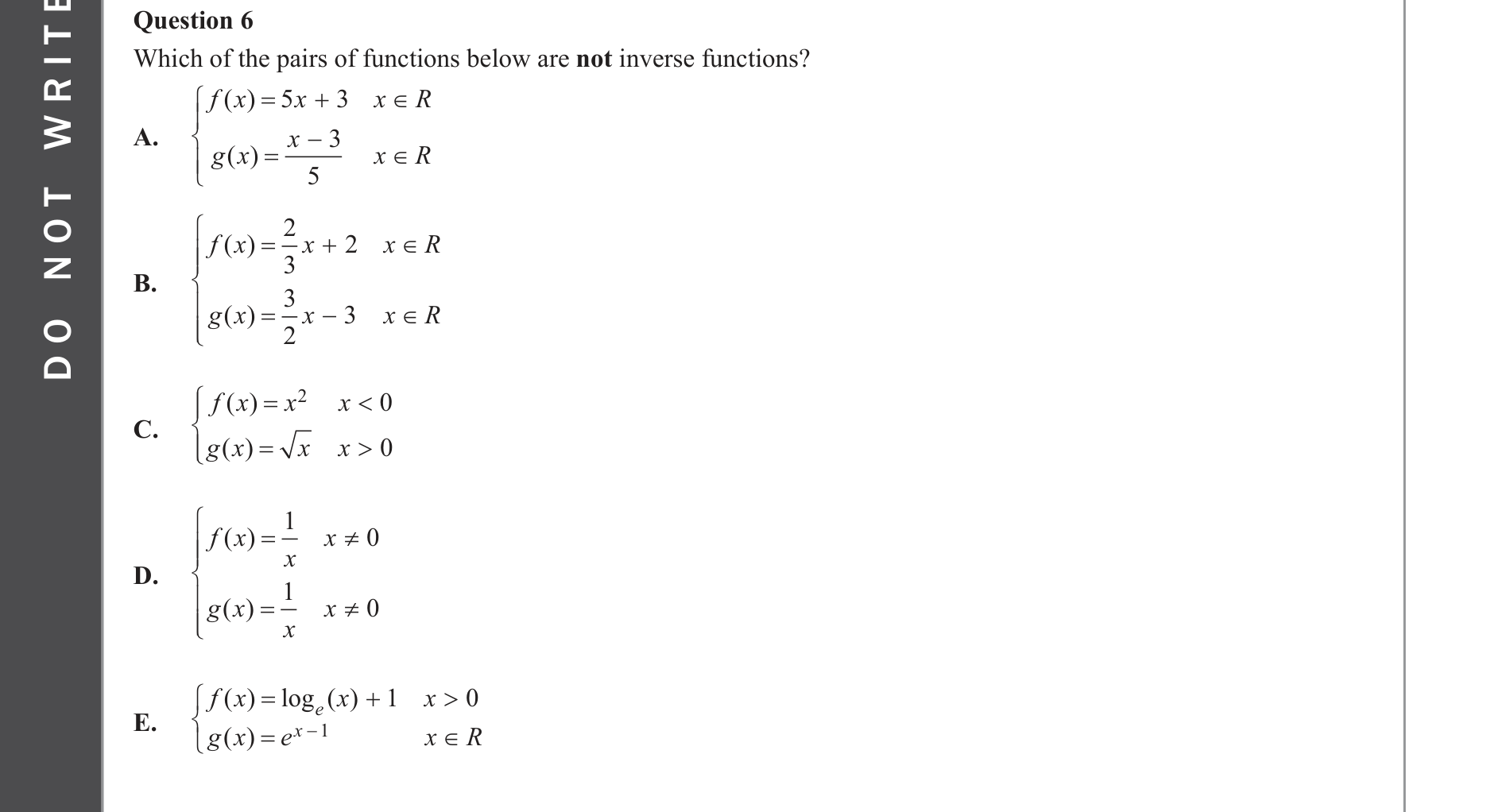 Mathematical Methods 2022 Exam 2 Question 6 — Functions, Relations and Graphs, Inverse functions