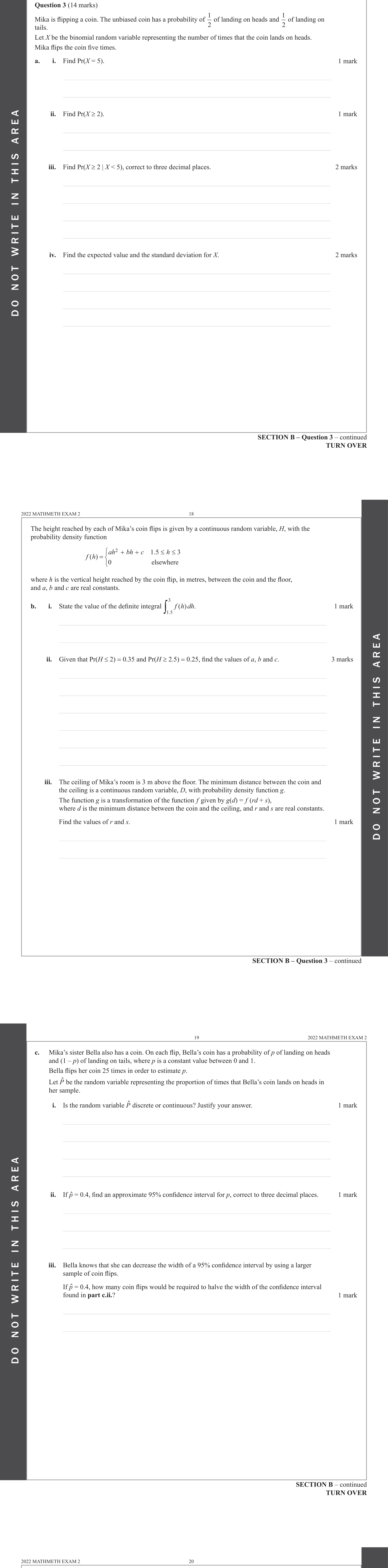 Mathematical Methods 2022 Exam 2 Question 3(b)(iii) — Probability, Probability density functions