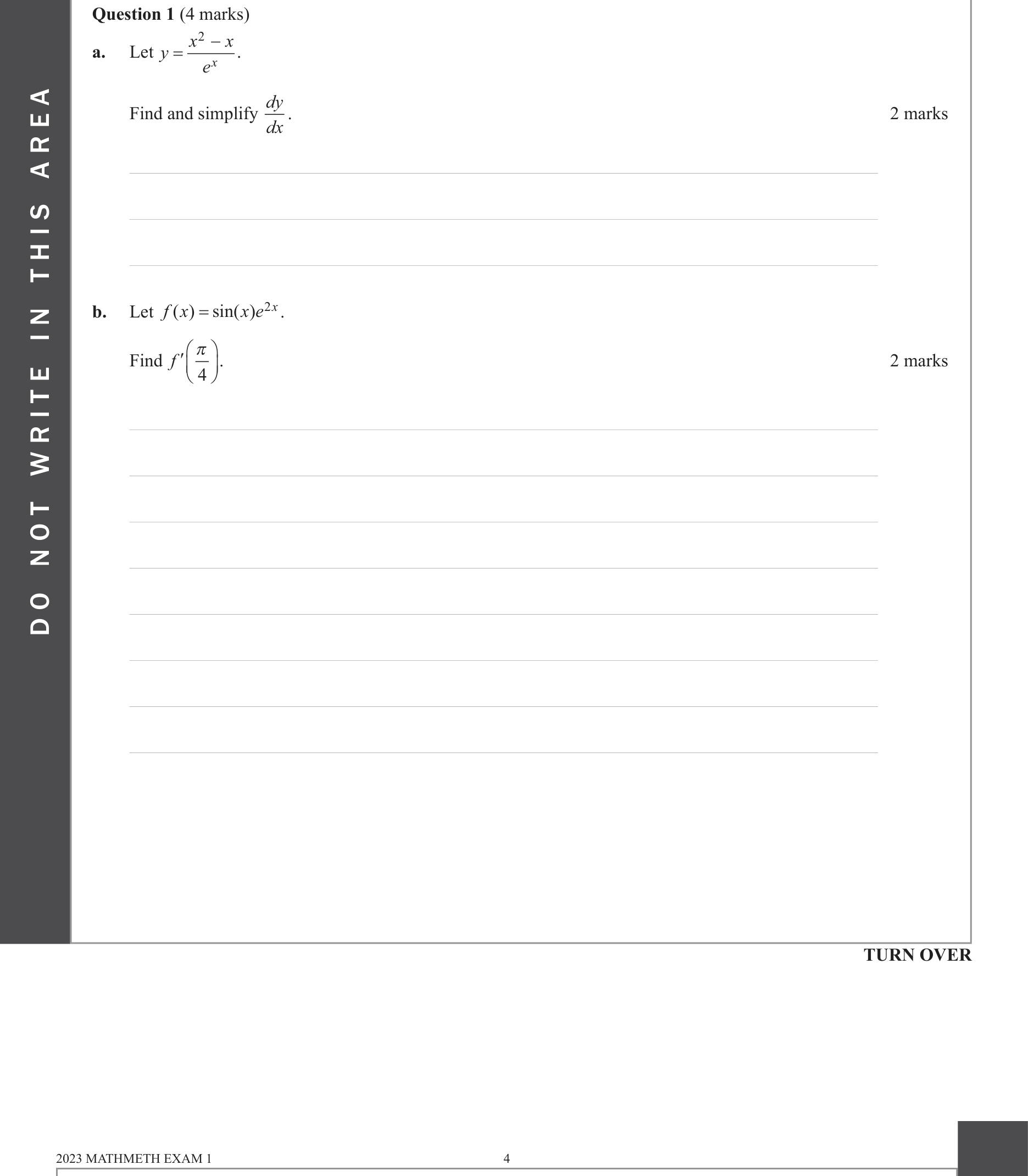 Mathematical Methods 2023 Exam 1 Question 1(b) — Calculus, Differentiation formulae