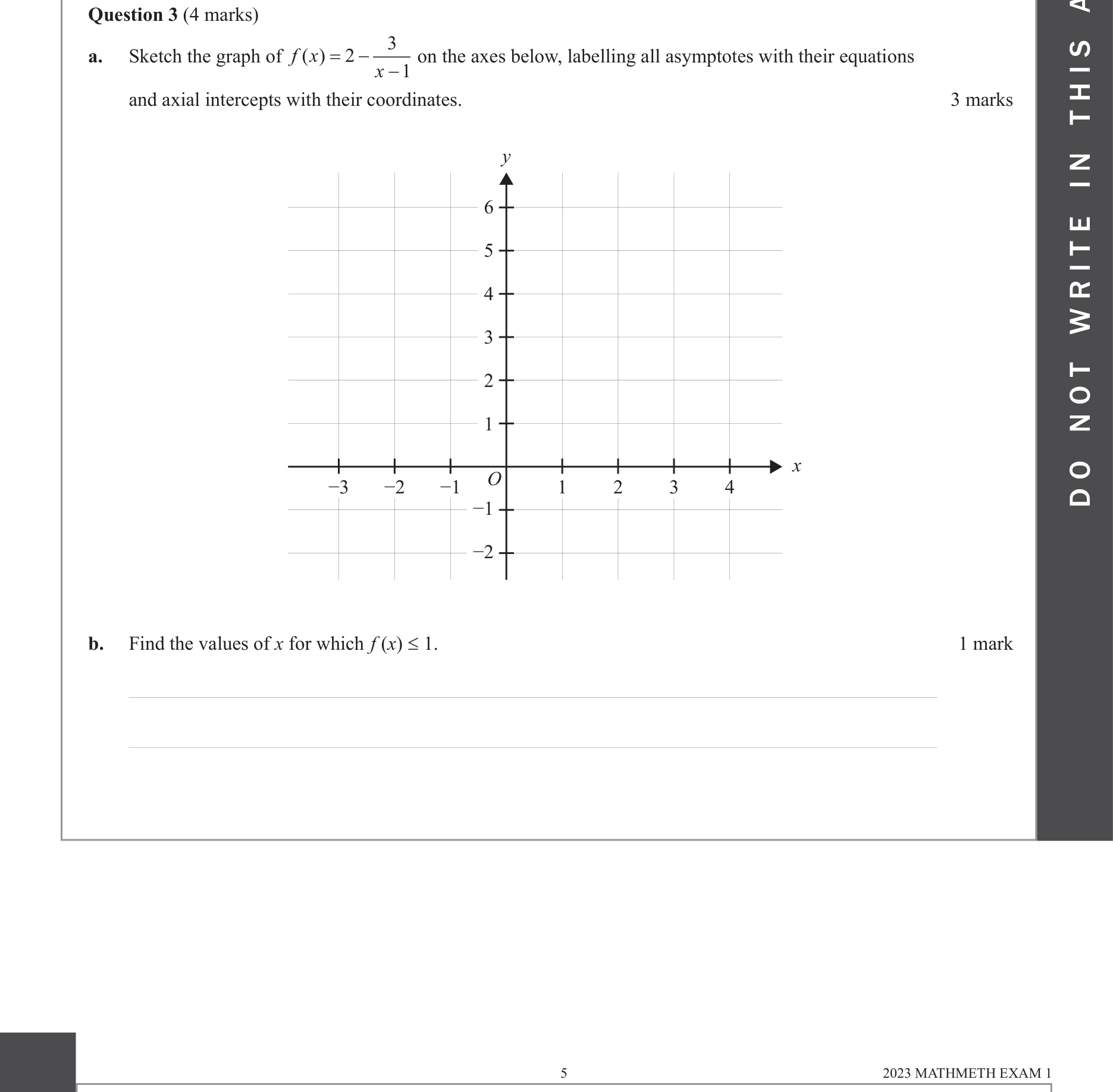 Mathematical Methods 2023 Exam 1 Question 3(a) — Functions, Relations and Graphs, Rational functions, Graphing