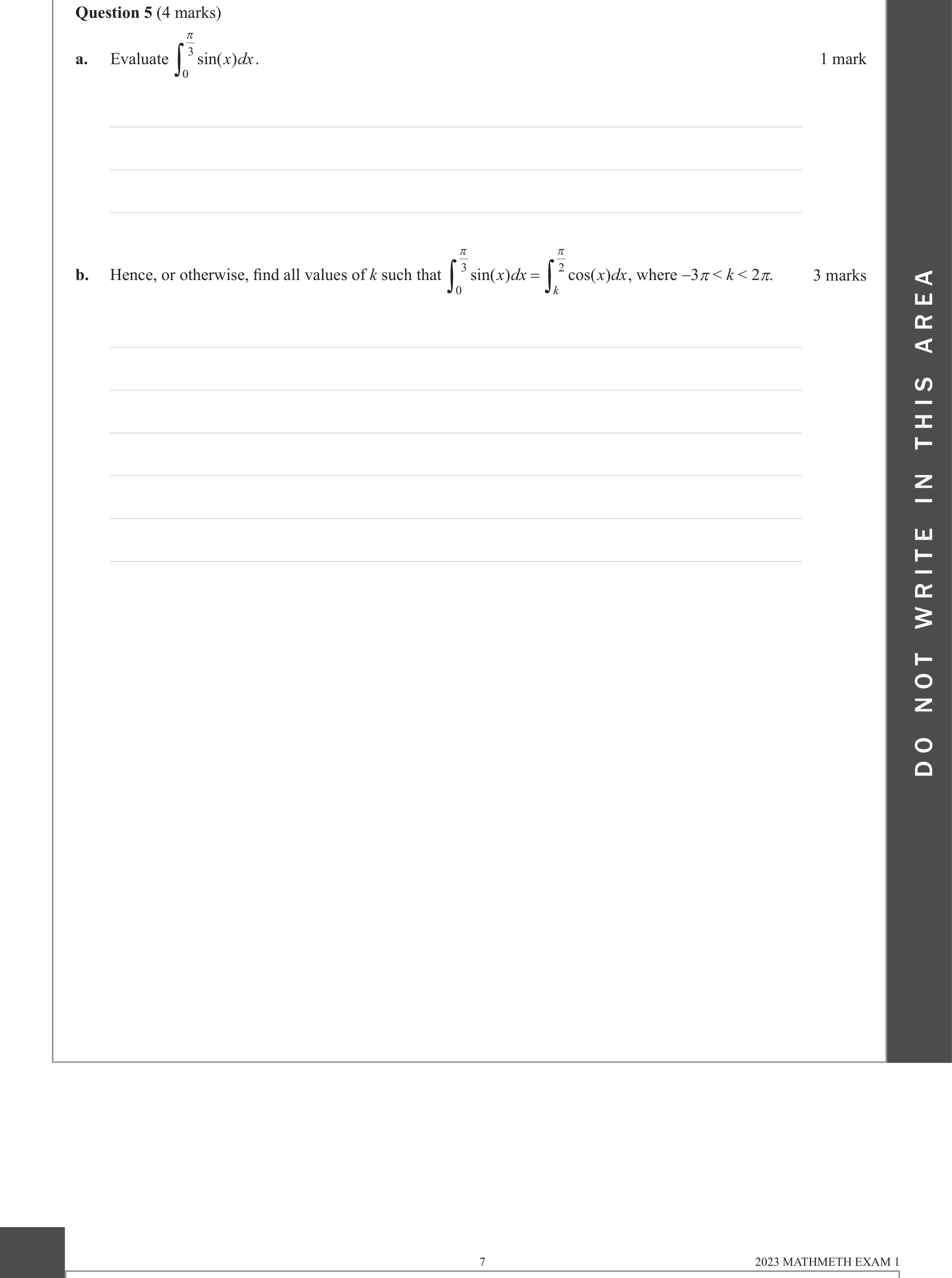 Mathematical Methods 2023 Exam 1 Question 5(b) — Calculus, Antidifferentiation formulae