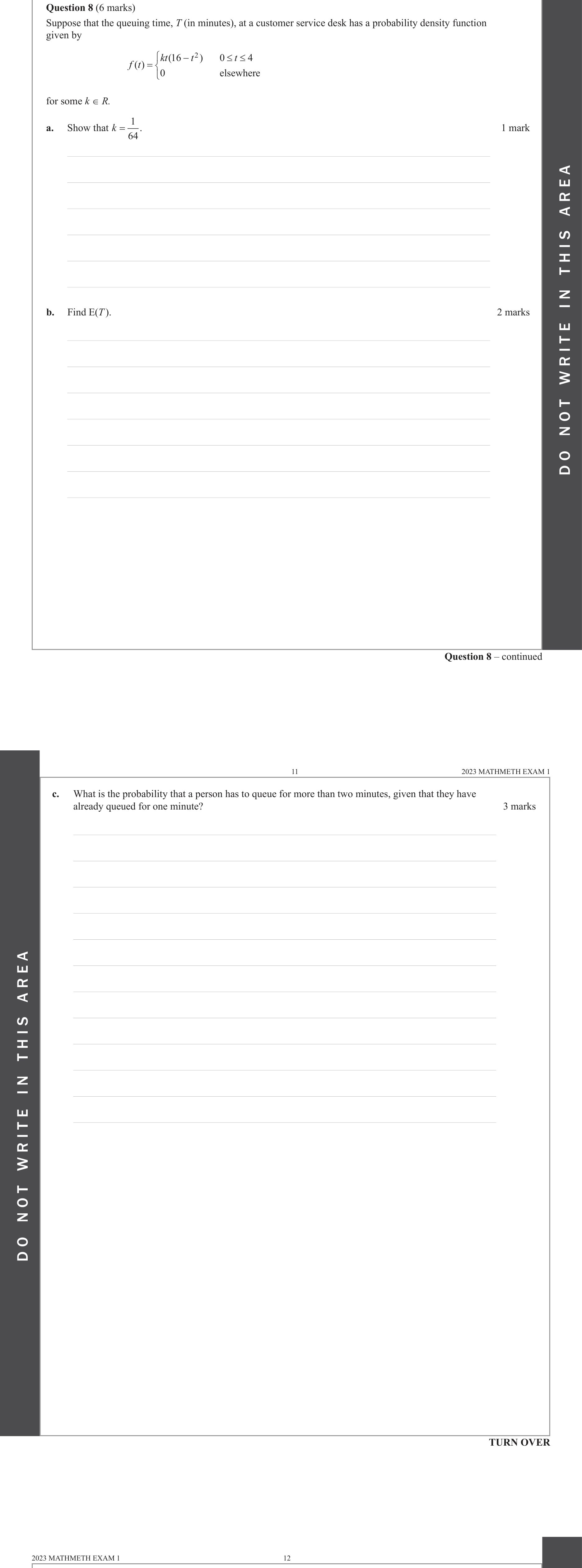 Mathematical Methods 2023 Exam 1 Question 8(c) — Probability, Probability density functions