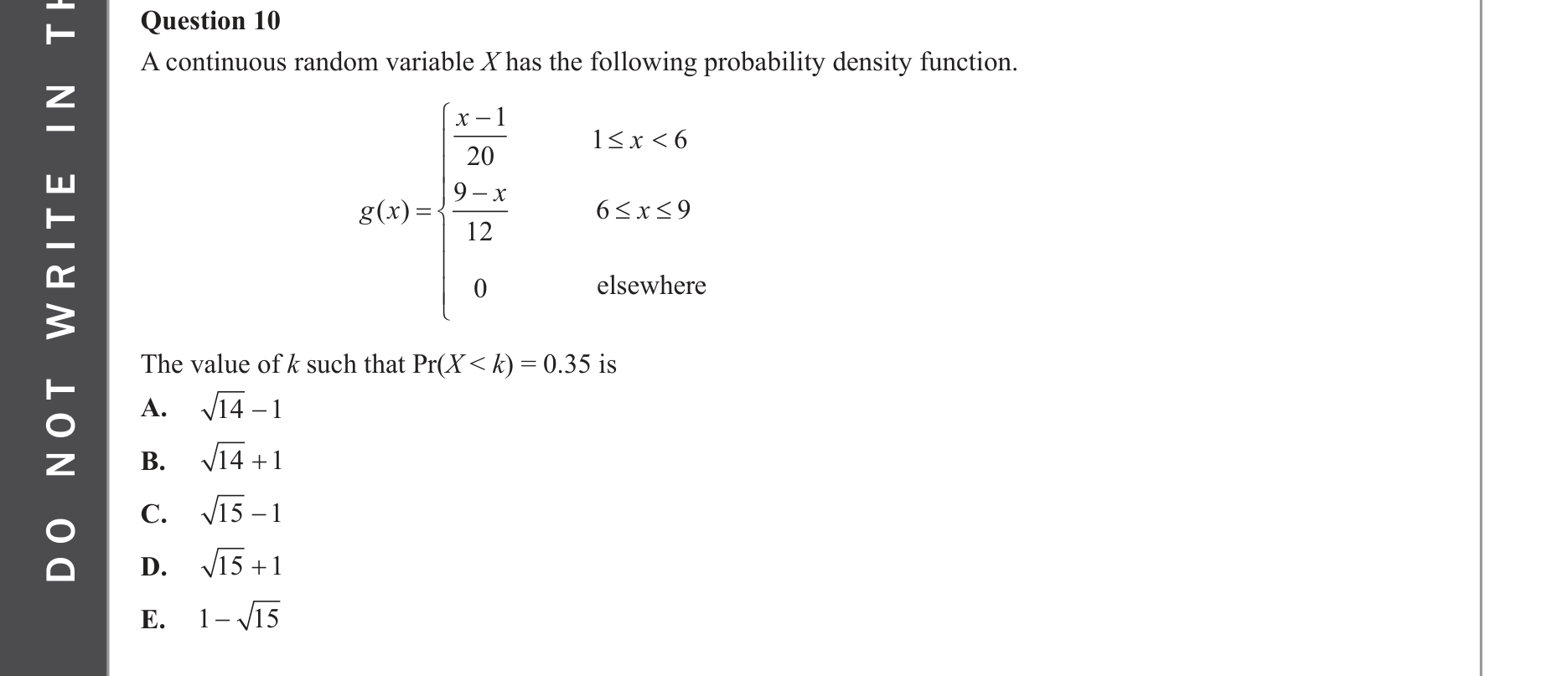 Mathematical Methods 2023 Exam 2 Question 10 — Probability, Probability density functions