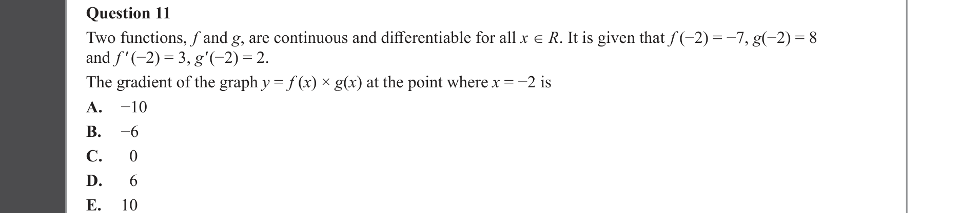 Mathematical Methods 2023 Exam 2 Question 11 — Calculus, Differentiation formulae