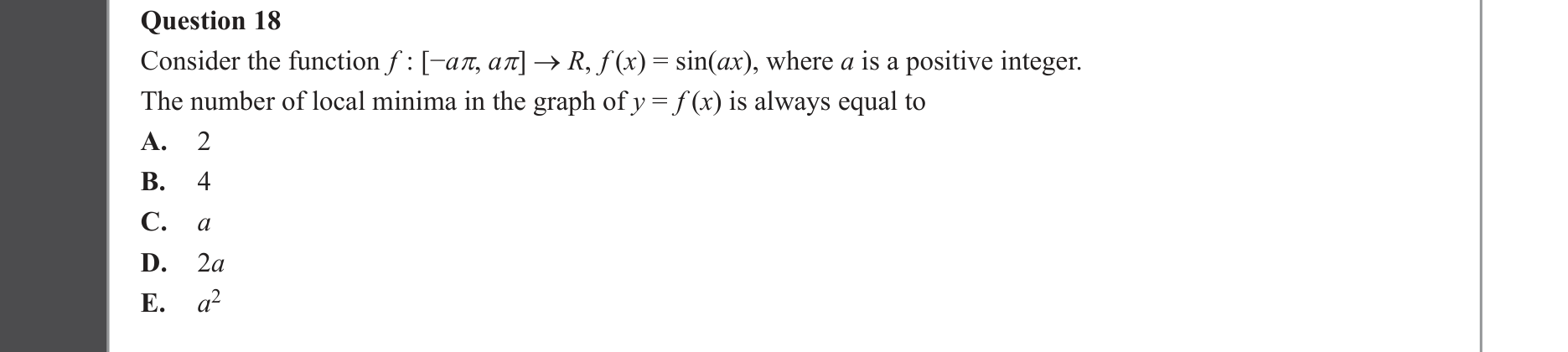 Mathematical Methods 2023 Exam 2 Question 18 — Functions, Relations and Graphs, Trigonometry