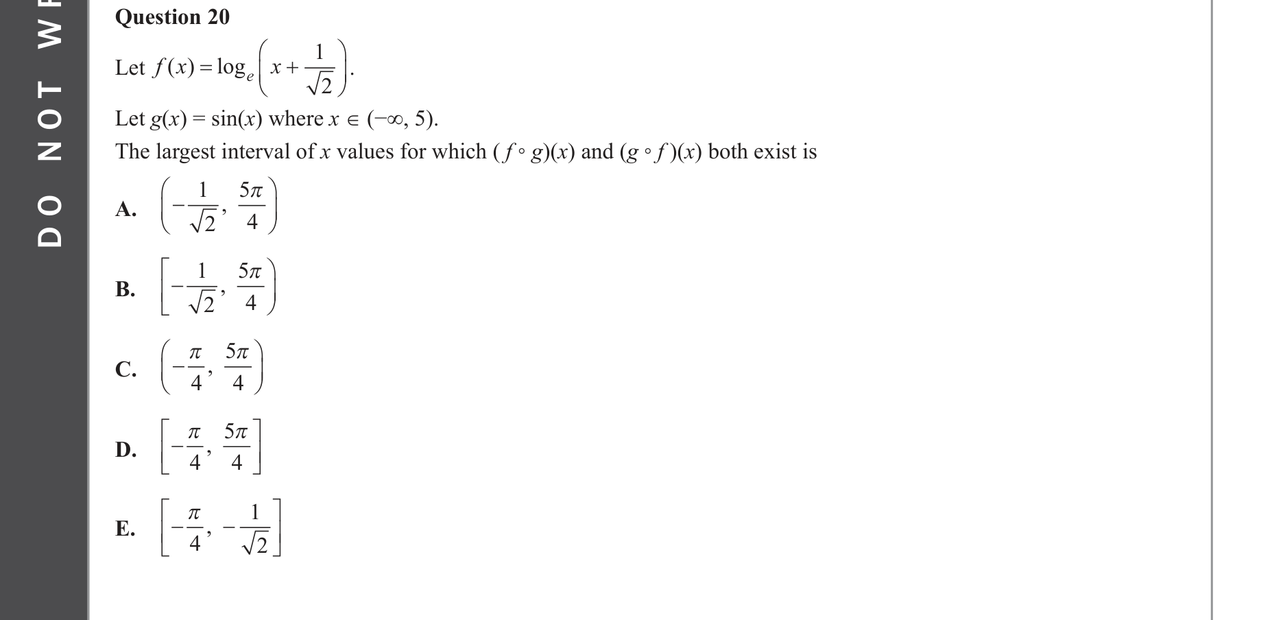 Mathematical Methods 2023 Exam 2 Question 20 — Functions, Relations and Graphs, Composite functions, Domain and range